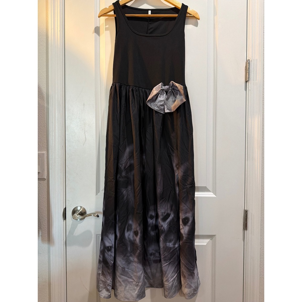 Black Sleeveless Maxi Dress Ghostly Abstract Print Bow Detail Gothic Small